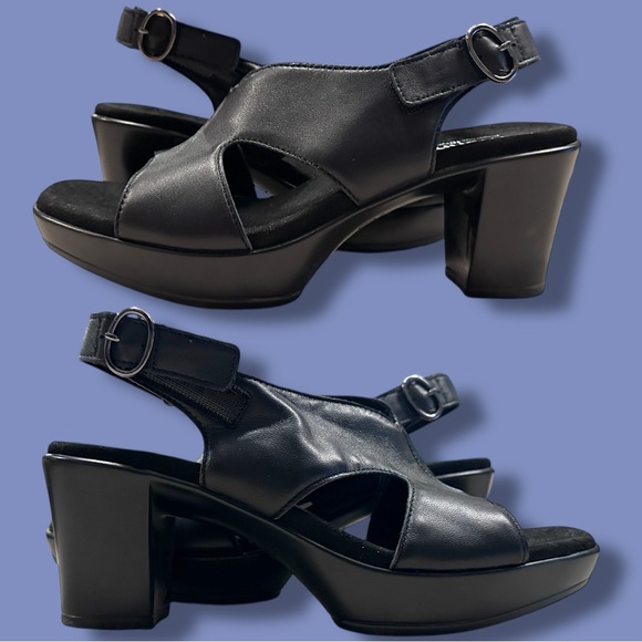 EUC MUNRO Cross Strapped Leather Chunky Heel Sandals in Black. Size 7.5 - Picture 2 of 11
